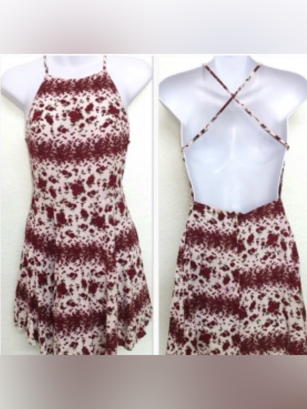Brandy Melville Burgundy and Cream Floral Backless Halter Dress